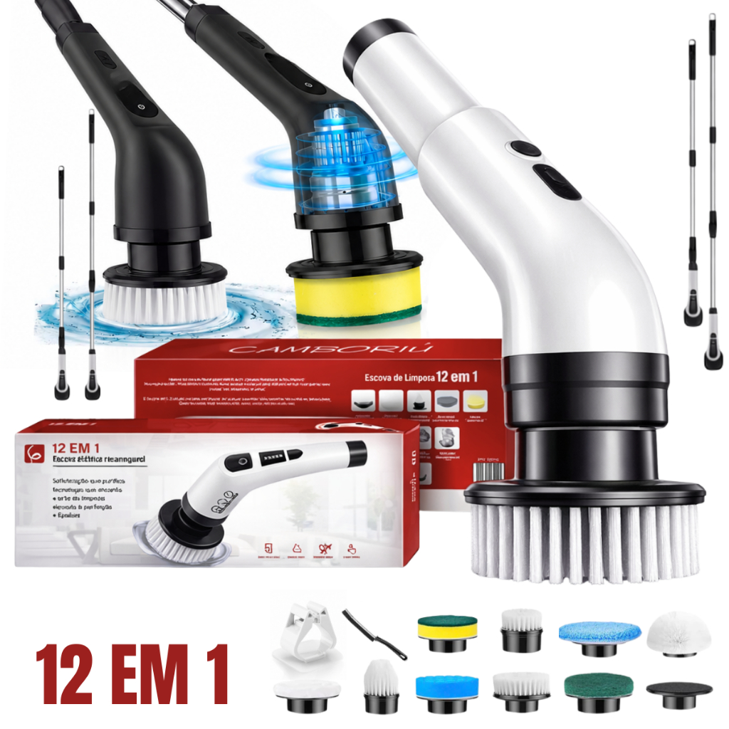 Escova Elétrica Limpeza Kit 12 em 1 Sem Fio Giratória Portátil