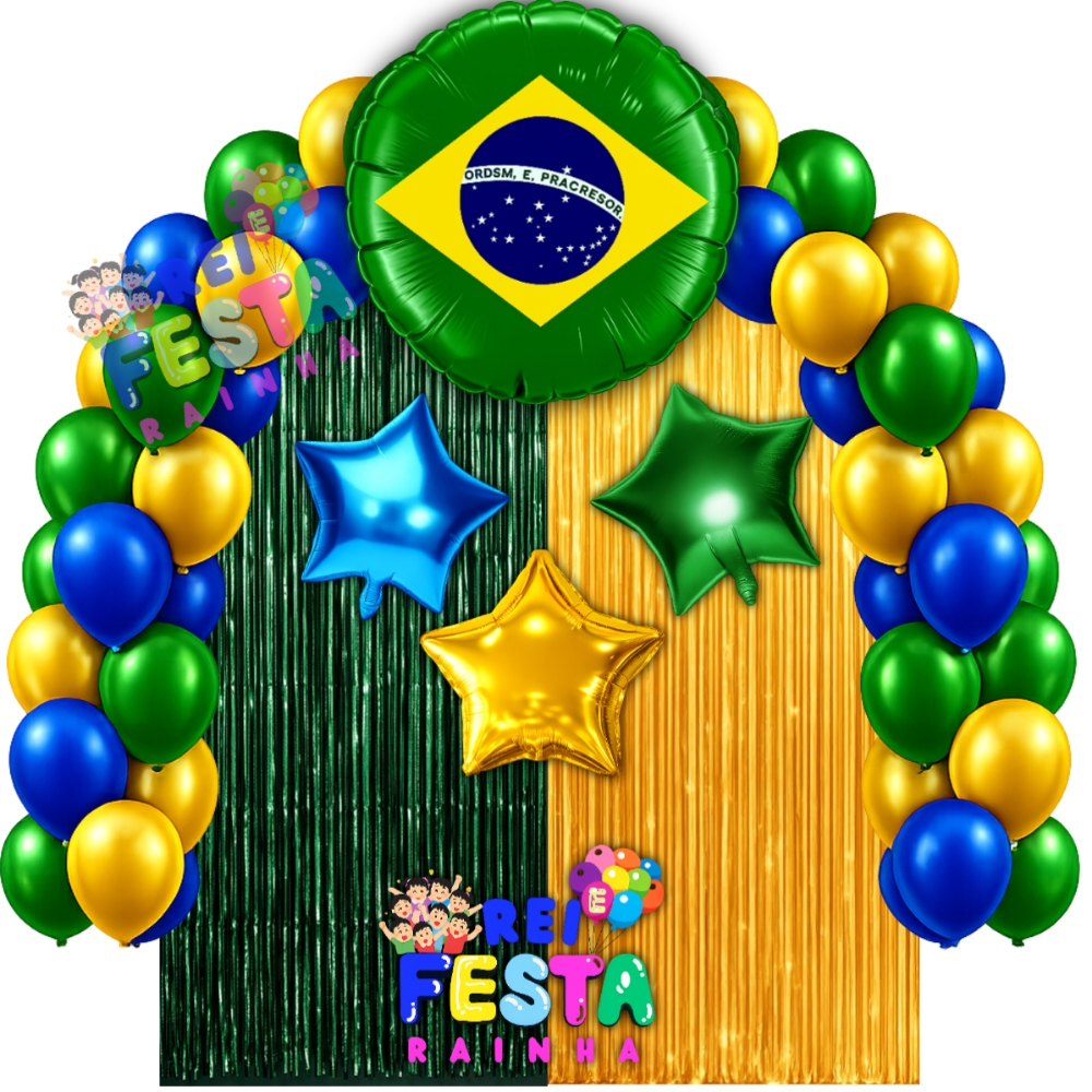 Kit Decoração Copa do mundo 2 Cortinas + Balão Brasil 45cm + 20 Bexigas Látex + Balões Estrela, hexa 2026, Brazil,Painel