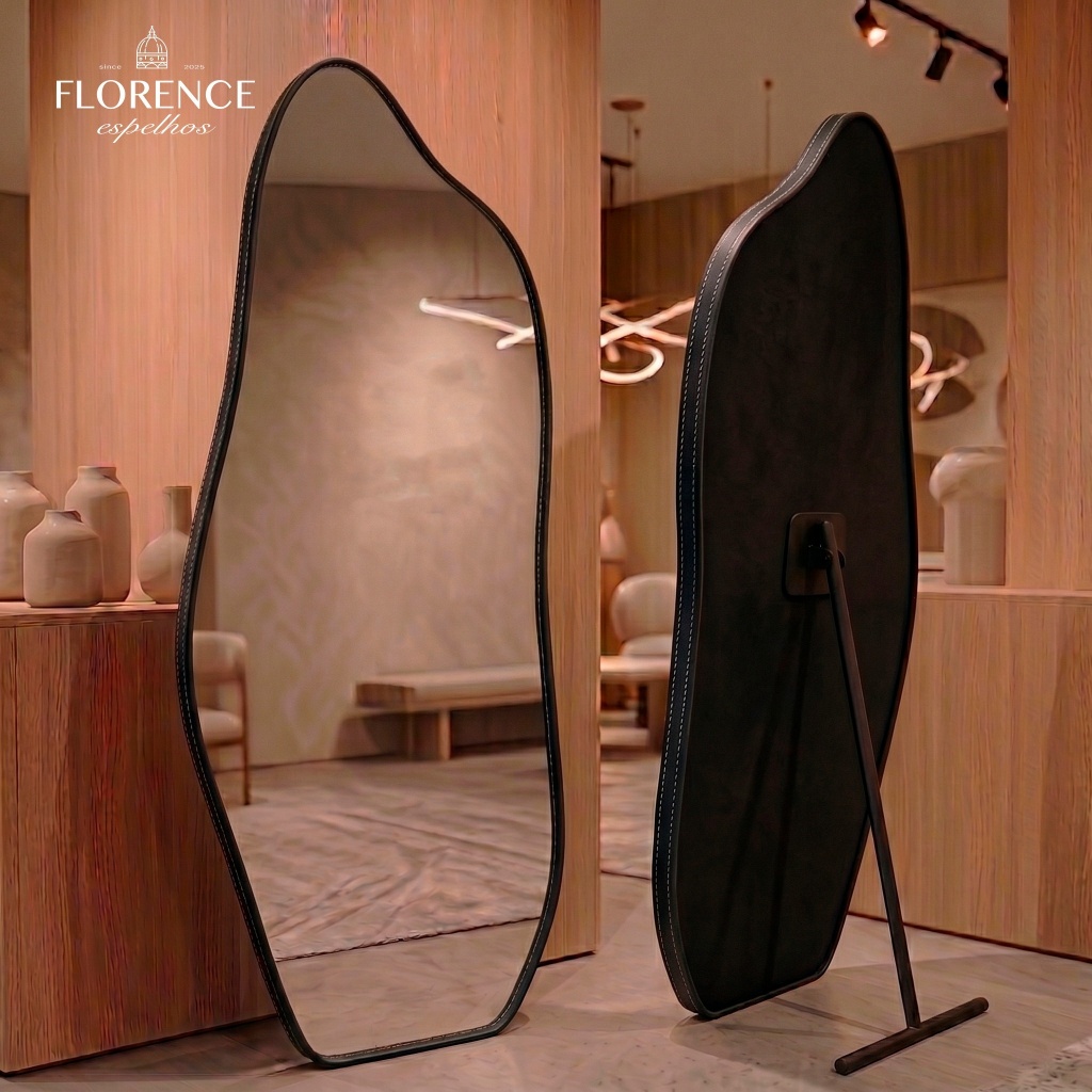 Espelho Form Corpo Moldura em Couro Inteiro Com Cavalete Luxo Premium 120x50