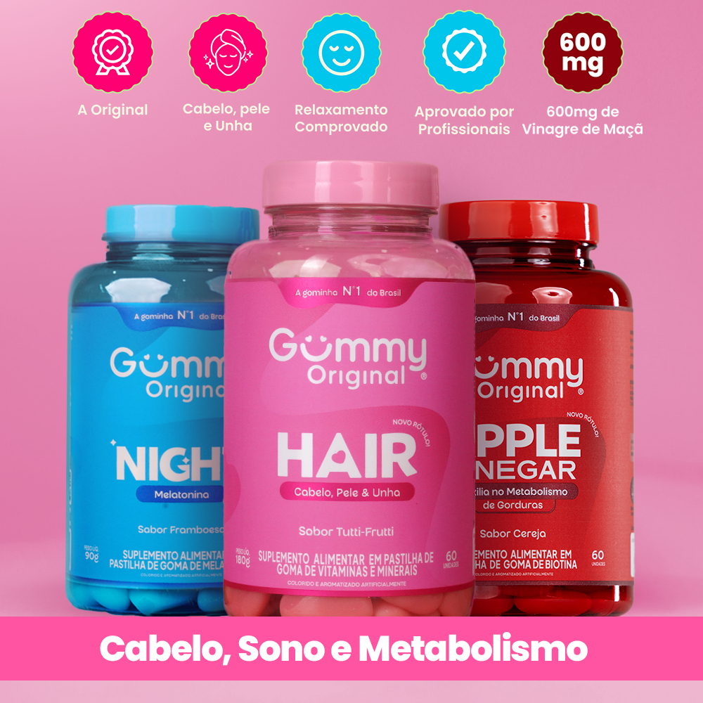 Kit Gummy Night Hair e Vinagre de Maçã 3 Frascos Melatonina Biotina Apple Cider Vinegar
