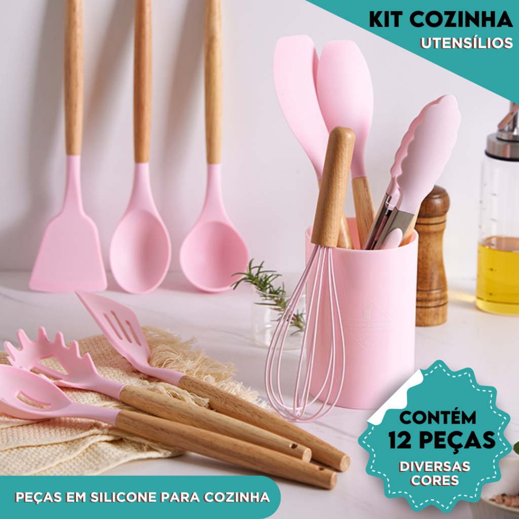 Kit Utensílios de Cozinha  Com 5/12 Peças em Silicone com Cabo de Madeira Completo  - CH