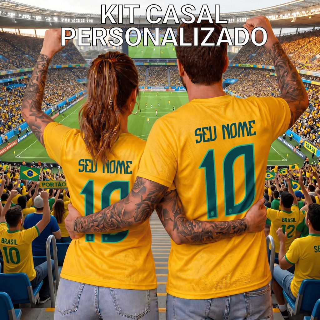 Kit Casal Camiseta Nome Personalizado Brasil 100% Algodão Copa do Mundo Estampada