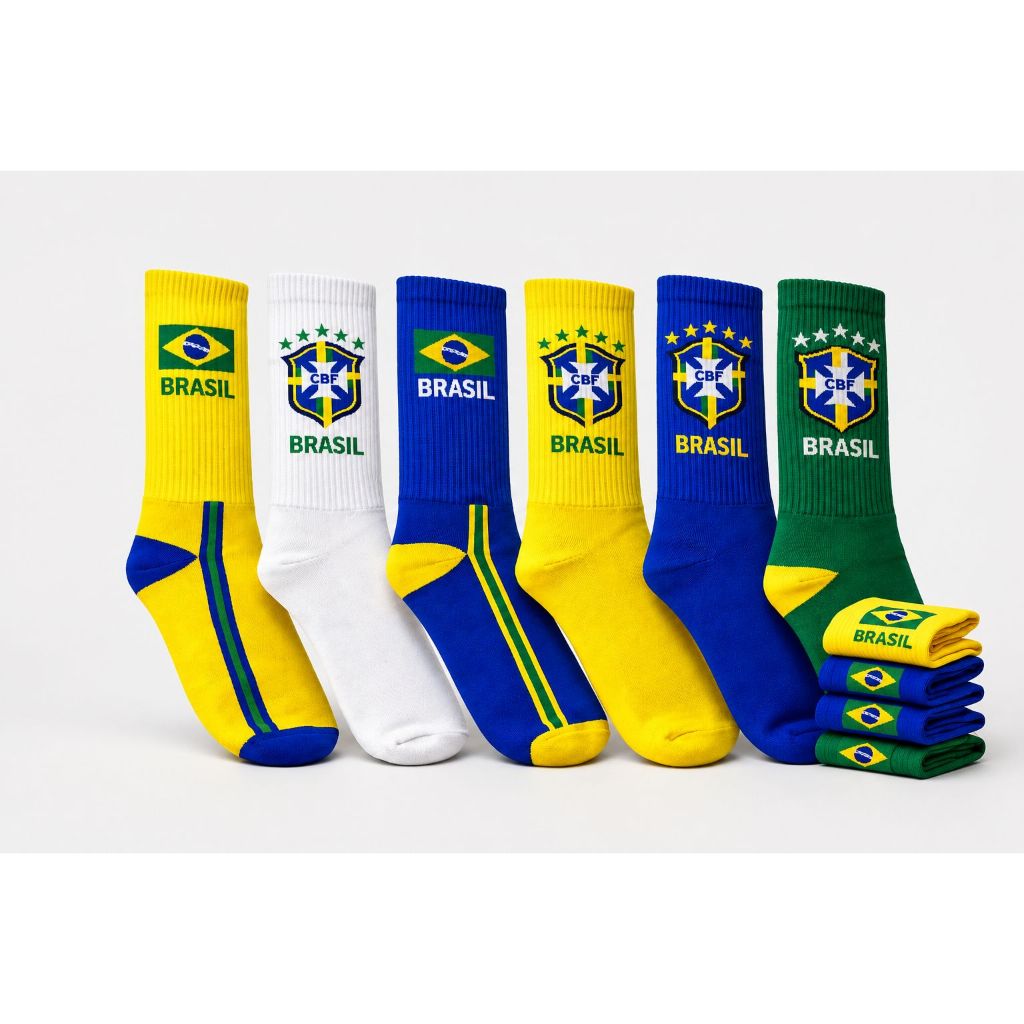 Meia Brasil Unissex Canelada Adulto Futebol Copa Hexa Corrida Bike Cano Médio Branco Azul Amarela