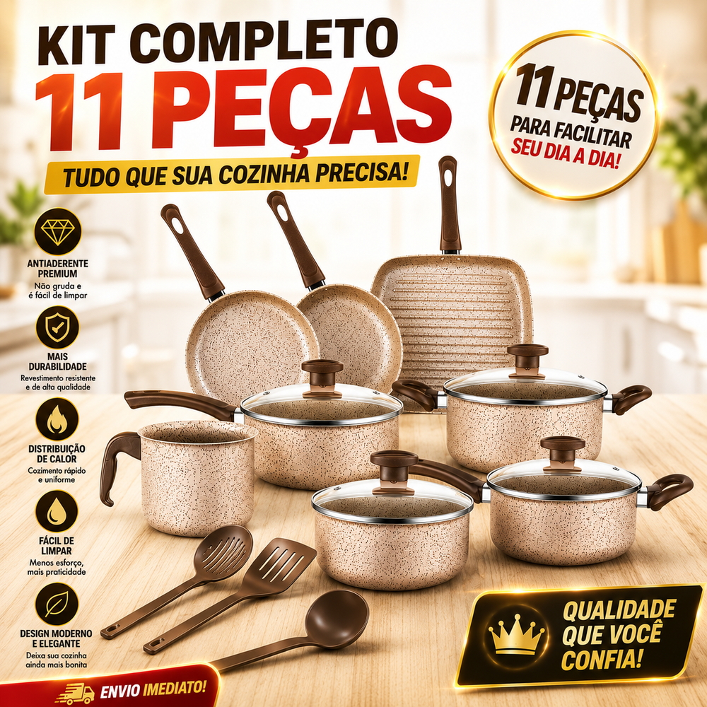 Jogo de Panelas Antiaderente Peças - Com Tampas de Vidro e Utensílios, Cabos Térmicos