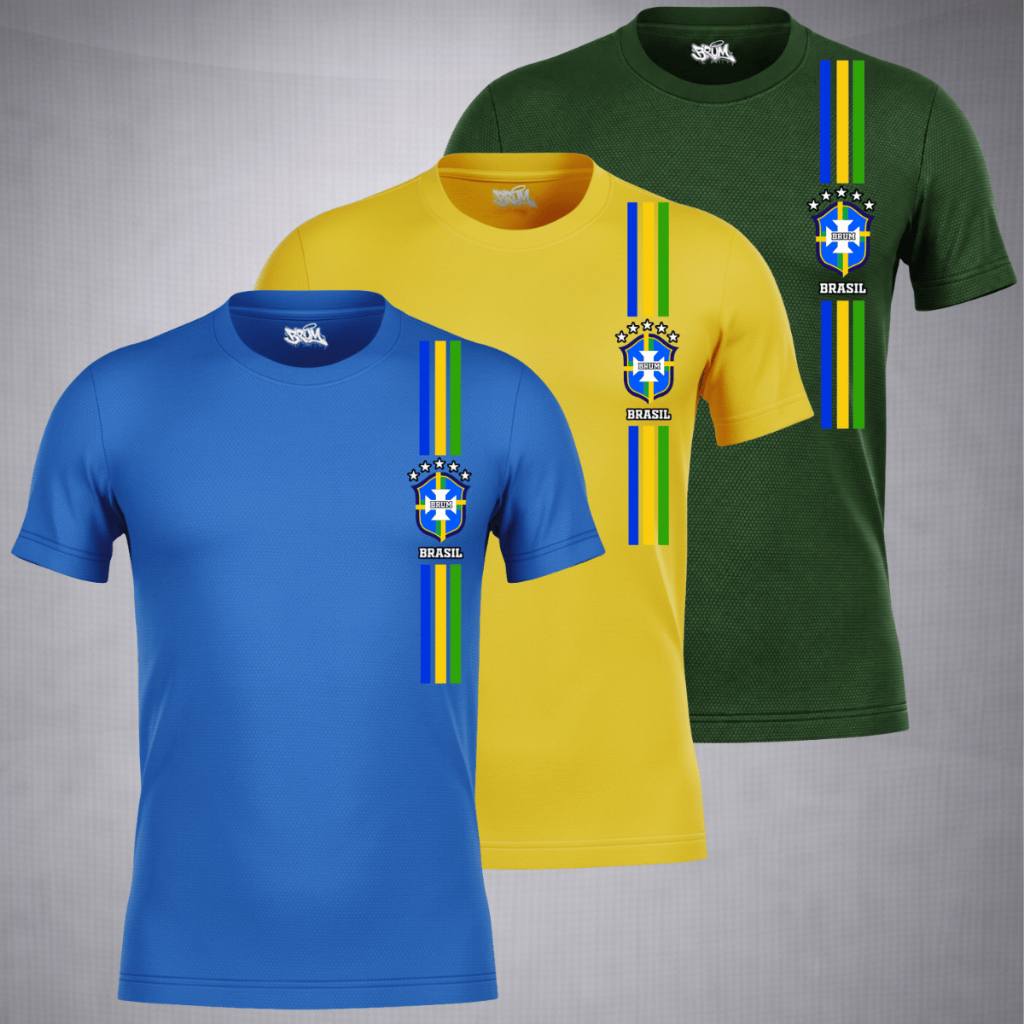 Kit 3 Camisetas Masculina DryFit Estampa Brasil Torcida Copa do Mundo E Atividades Fisicas