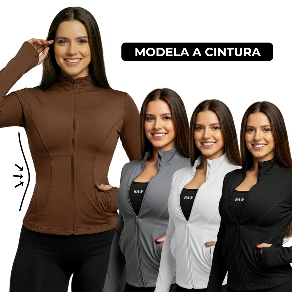 Jaqueta Academia Feminina Fitness Zíper e bolso Estilo Gringa Yoga Furo Dedo