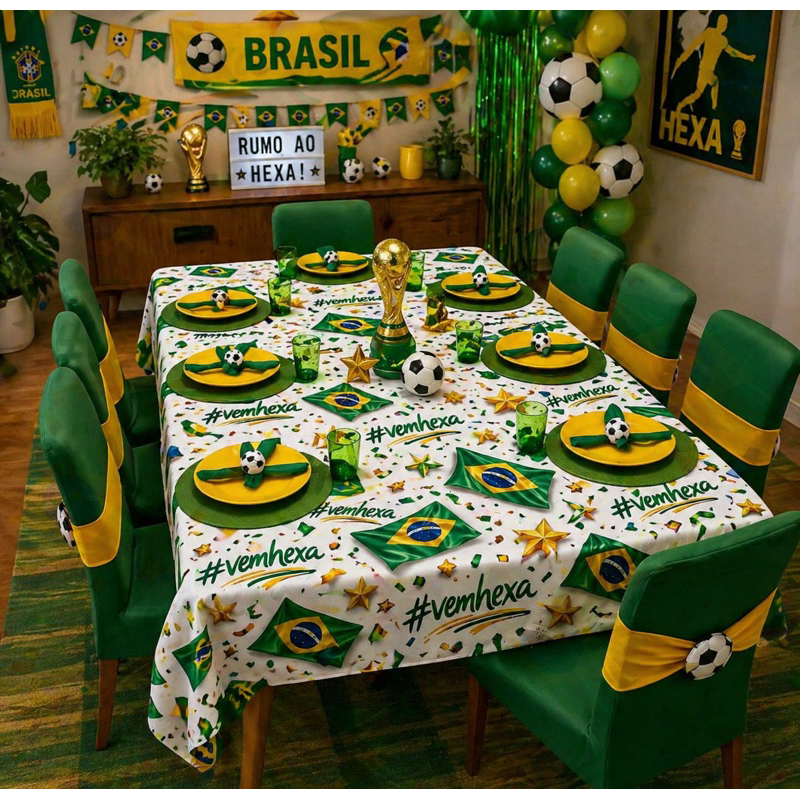 TOALHA DE MESA COPA DO MUNDO BRASIL FUTEBOL 2,20M x 1,50M PARA 8 CADEIRAS