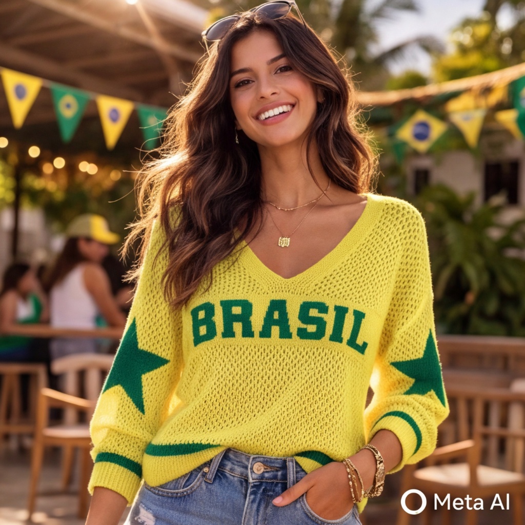 Blusa Feminina Tricot Brasil Manga Longa Decote V Estilo Crochê Moda Inverno Casual Tendência