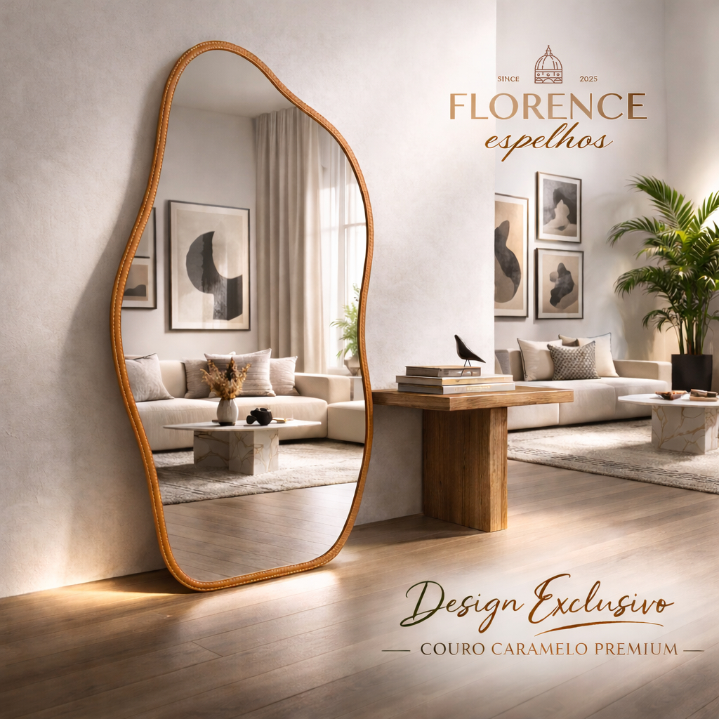 Espelho Orgânico 120x50 e 80x40 Com Moldura EM COURO Corpo Inteiro Moderno Luxo