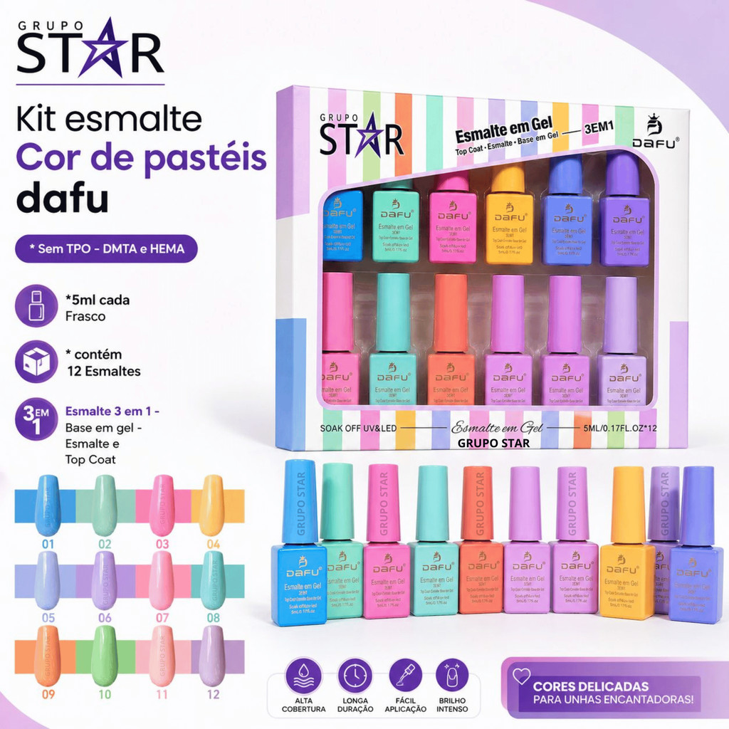 Kit Esmaltes em Gel 3 em 1 Tons Pasteis - Dafu 12 Unidades
