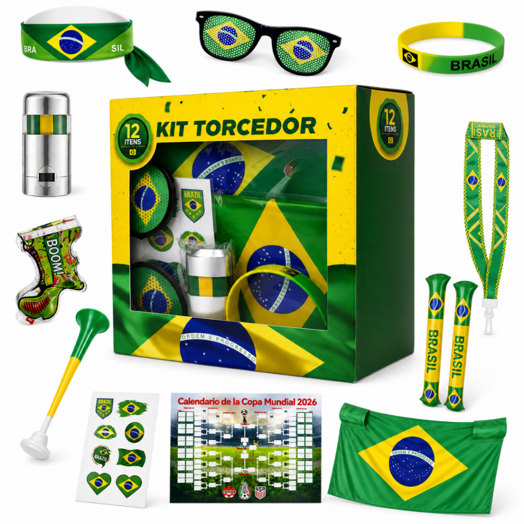 Kit Copa do Mundo 2026 Torcedor de Futebol Brasil 12 Itens Bandeira Comemoração Acessórios