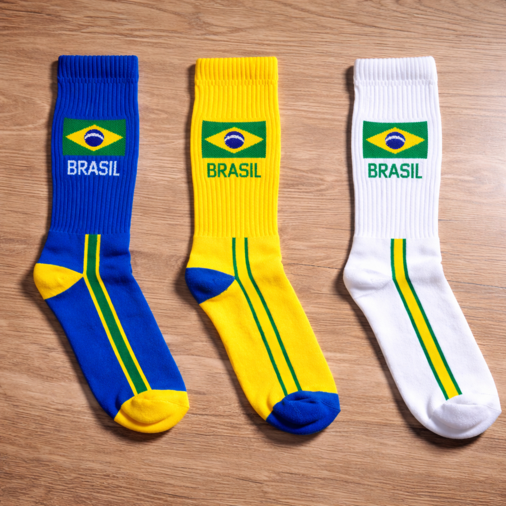 Meias Brasil Copa do Mundo Algodão Adulto Confortável Canelada Cano Alto Unissex
