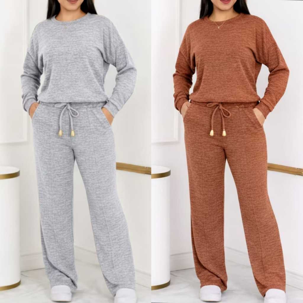Conjunto Feminino Lanzinha Ribi  canelada Gola lisa 2 Peças Blusa e  Pantalona moda Inverno 2026