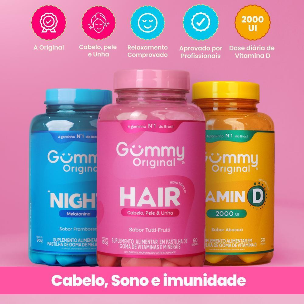 Kit Gummy Night Hair e Vitamina D 3 Frascos Melatonina Biotina Imunidade