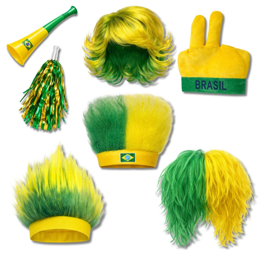 Kit Torcida Brasil Copa Peruca Brasil Chapéu Mãozinha Pom Pom Verde Amarelo Festa Futebol