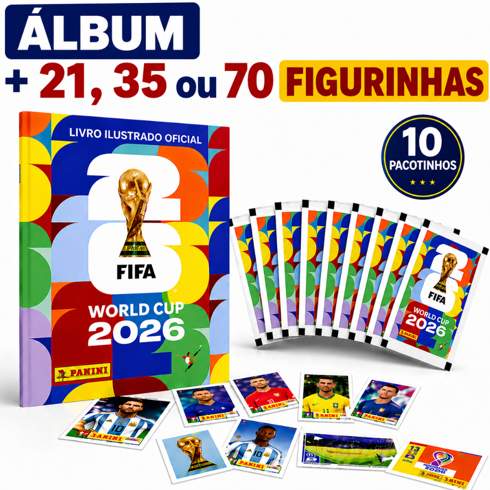 Álbum Copa Do Mundo FIFA 2026 Brochura + 70 Figurinhas 10 Pacotes Colecionáveis Originais