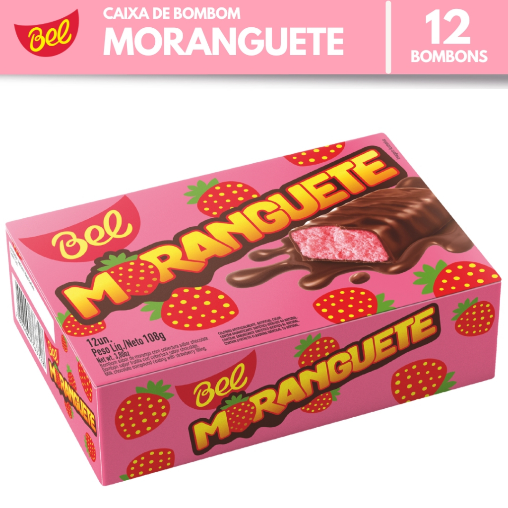 Caixa Bombom Moranguete com 12un de 9g Sabor Morango com Cobertura Sabor Chocolate Bel 108g