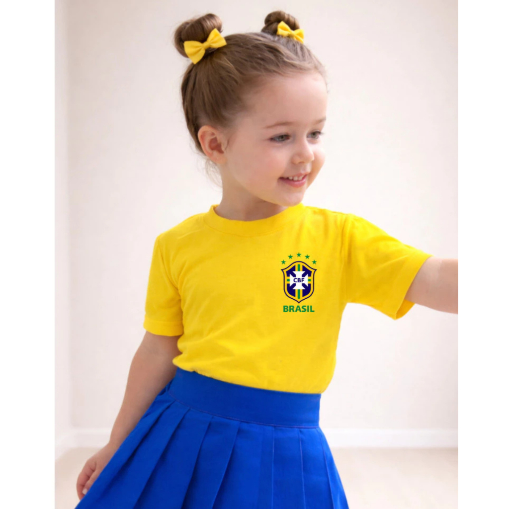 Camiseta Infantil Algodão Estampa Brasil Copa do Mundo Menina Princesa Look Brasileiro....