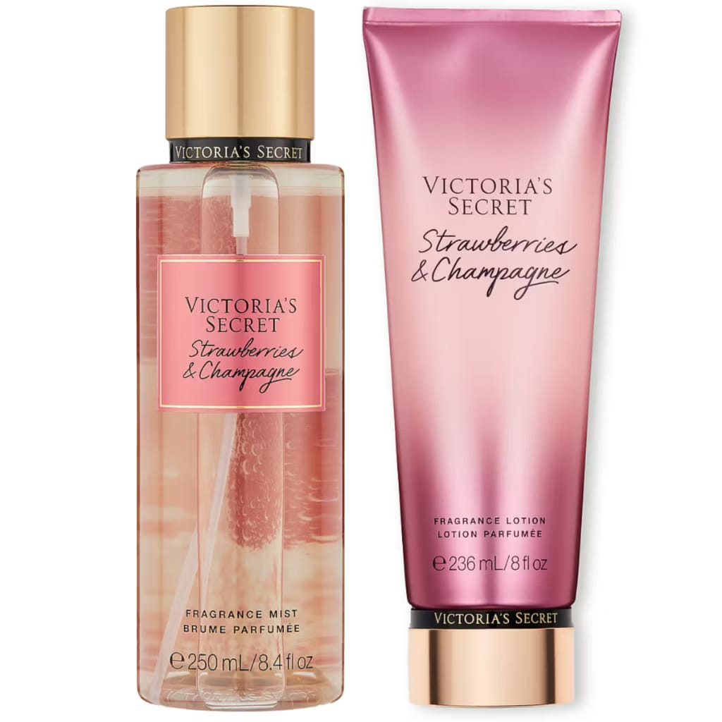 Kit Morango com Champanhe Body Splash + Hidratante Feminino Doce Sofisticado Longa Duração Promoção