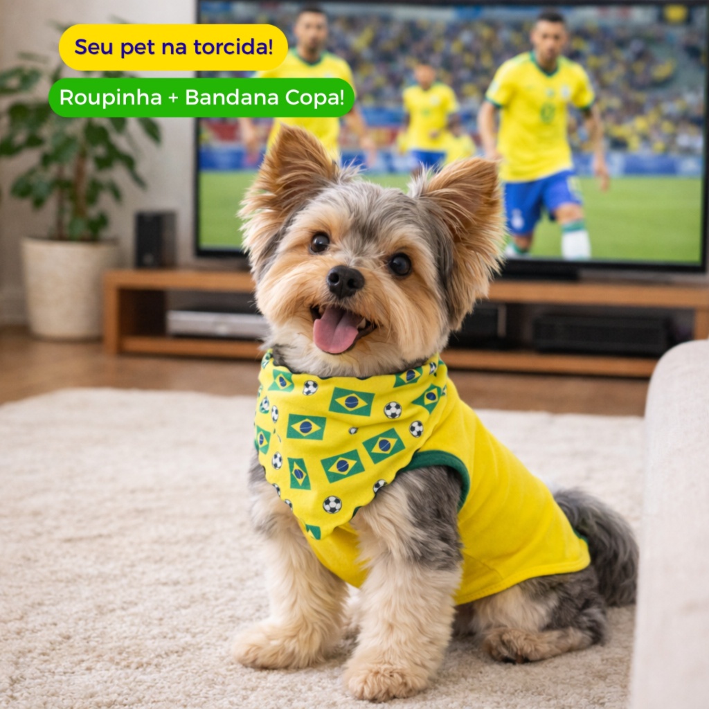 Roupinha Pet Brasil Copa + Bandana Roupa Cachorro Futebol Confortável - Porte Caes Pequeno ao Médio
