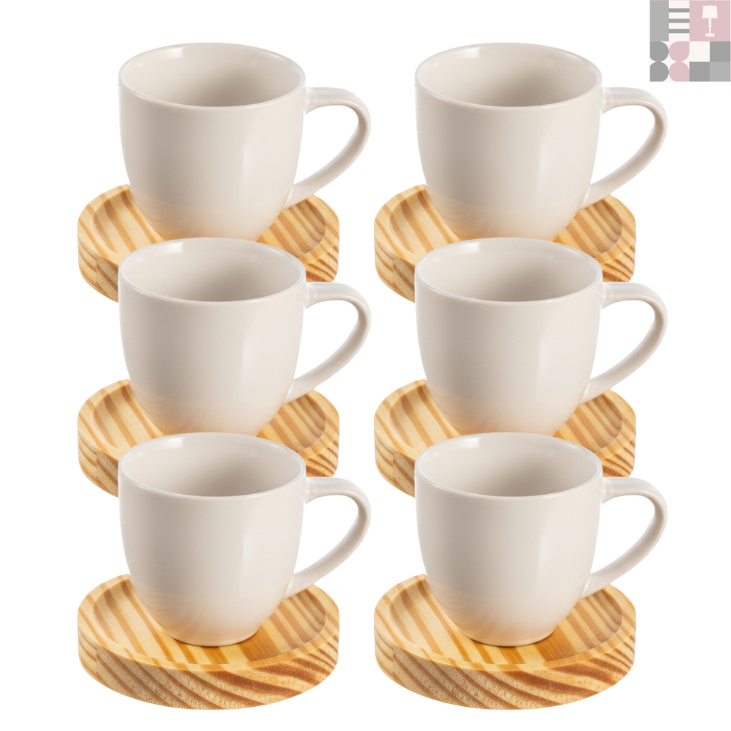 Jogo de Xícaras em Porcelana Café Expresso - 12 Peças Pires em Madeira (6 xícaras 80 ML + 6 pires)
