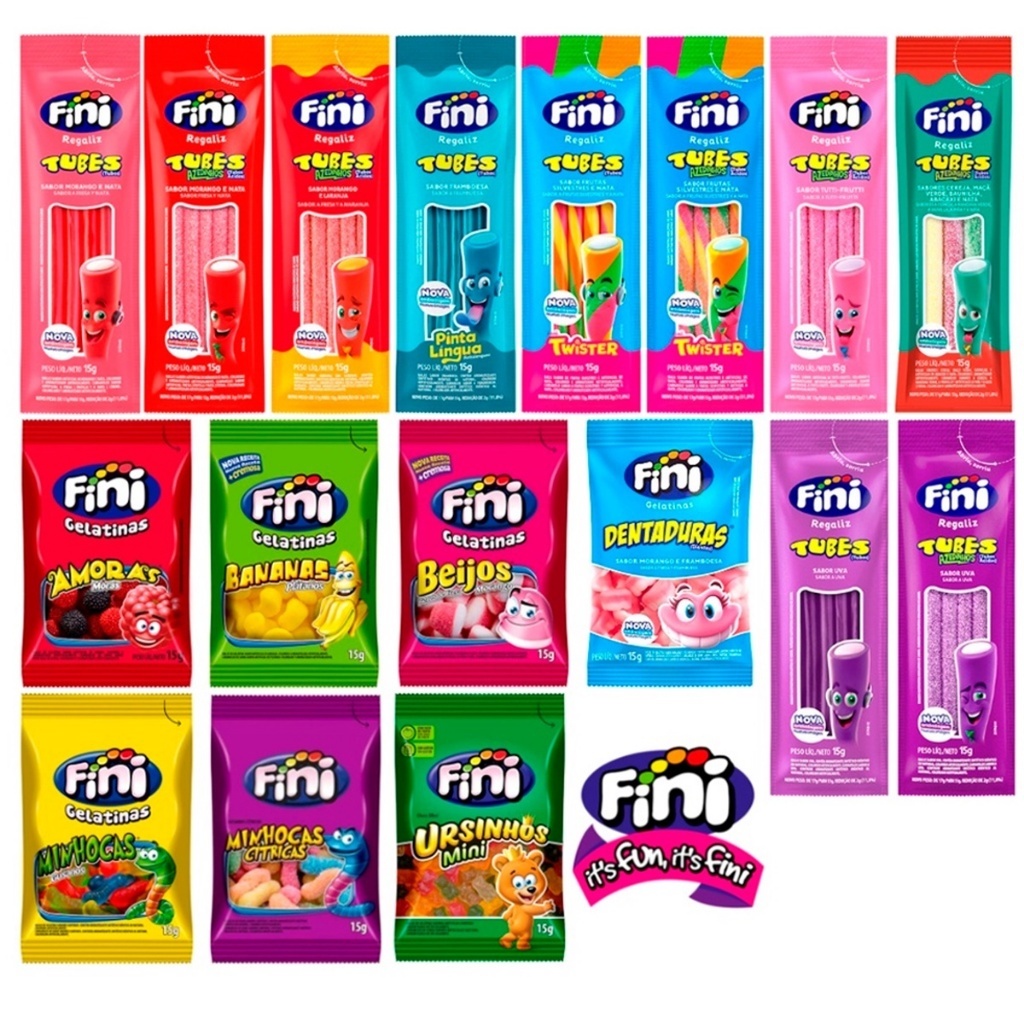 Kit C/30un Balas Fini Sabores Variados Balas de Gelatinas Tubes Cítricas Azedinhas 15g