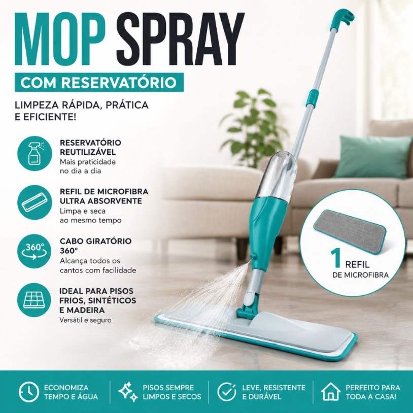 MOP Spray Reforçado Rodo Esfregão com Reservatório Rodo Magico Limpa Seca Mopi