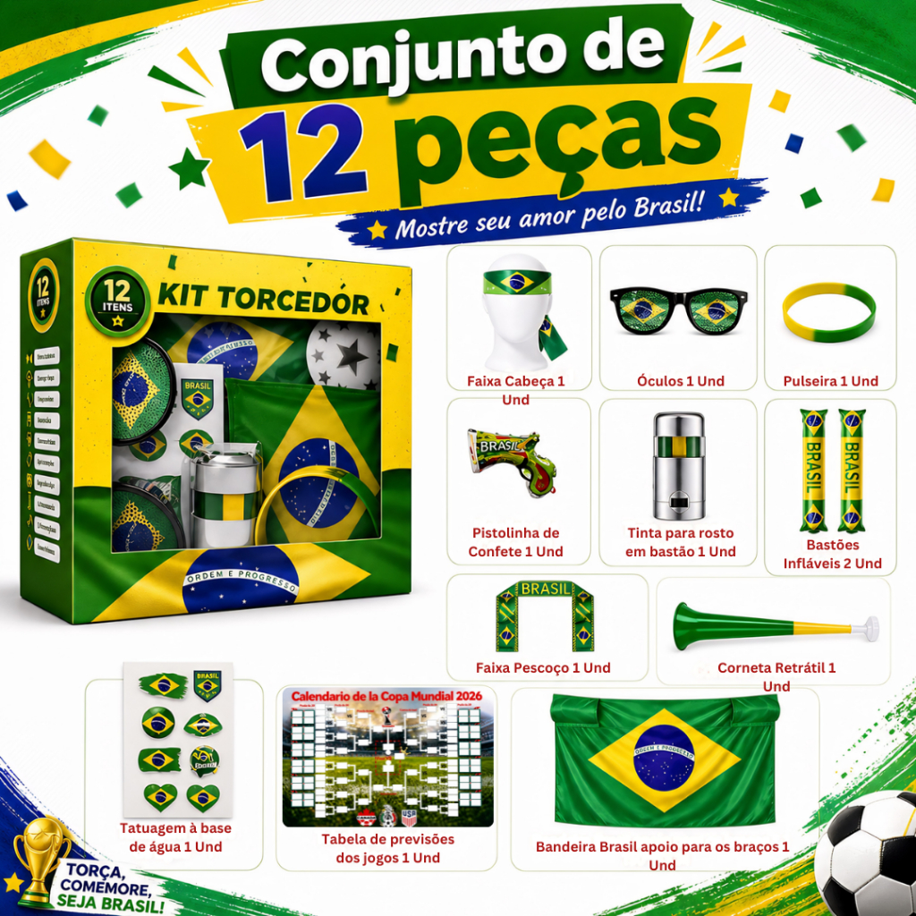 Kit Torcedor Copa do Mundo 2026 Brasil 12 Itens Torcida Bandeira Brasileira Óculos Pulseira Adesivos