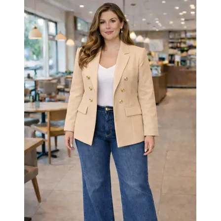 Blazer Em Alfaiataria Com Botões Dourados Plus Size