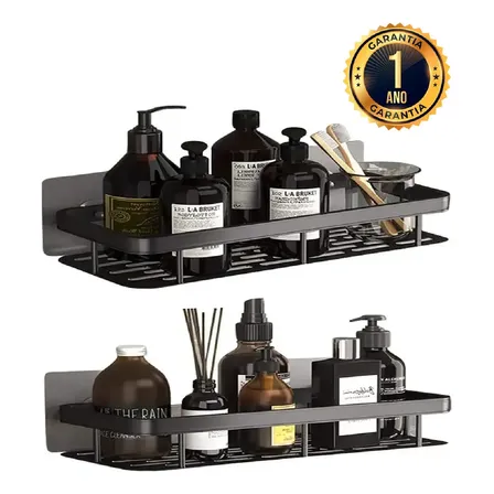 Kit 2 Suporte Porta Shampoo Sabonete Prateleira Banheiro Adesivo Parede Sem Furar Box Luxo Cor Preto Homeroarte