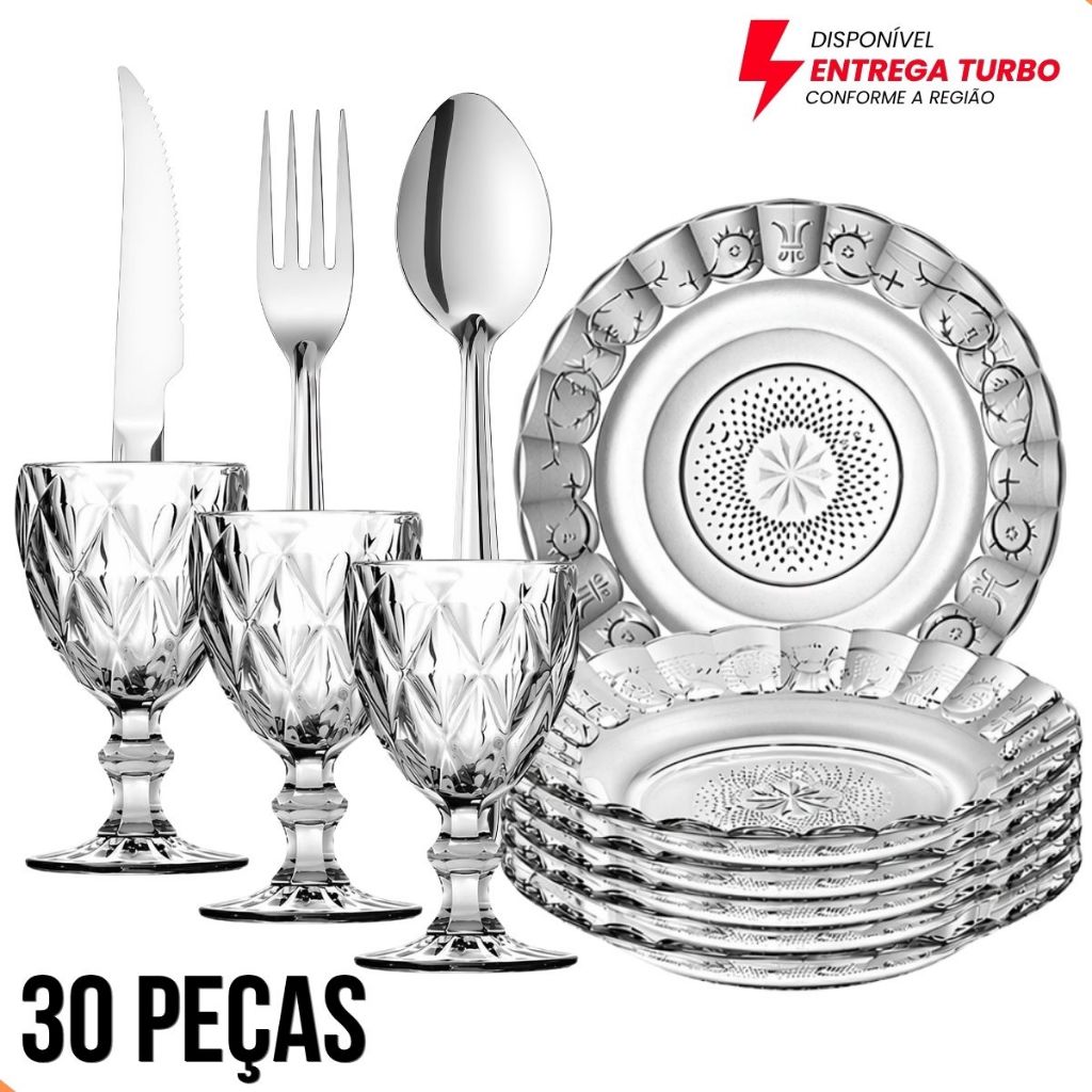 Jogo Mesa Posta 30 Peças 6 Pratos  + 6 Taças 340ml + 18 Talheres Inox Luxo Elegante Mesa Posta Completa
