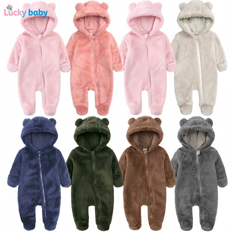 Lucky Baby Macacão de Flanela Bebê Inverno Unissex Com Capuz Orelhas de Urso Pé Fechado Quente e Acolchoado 0–12 Meses