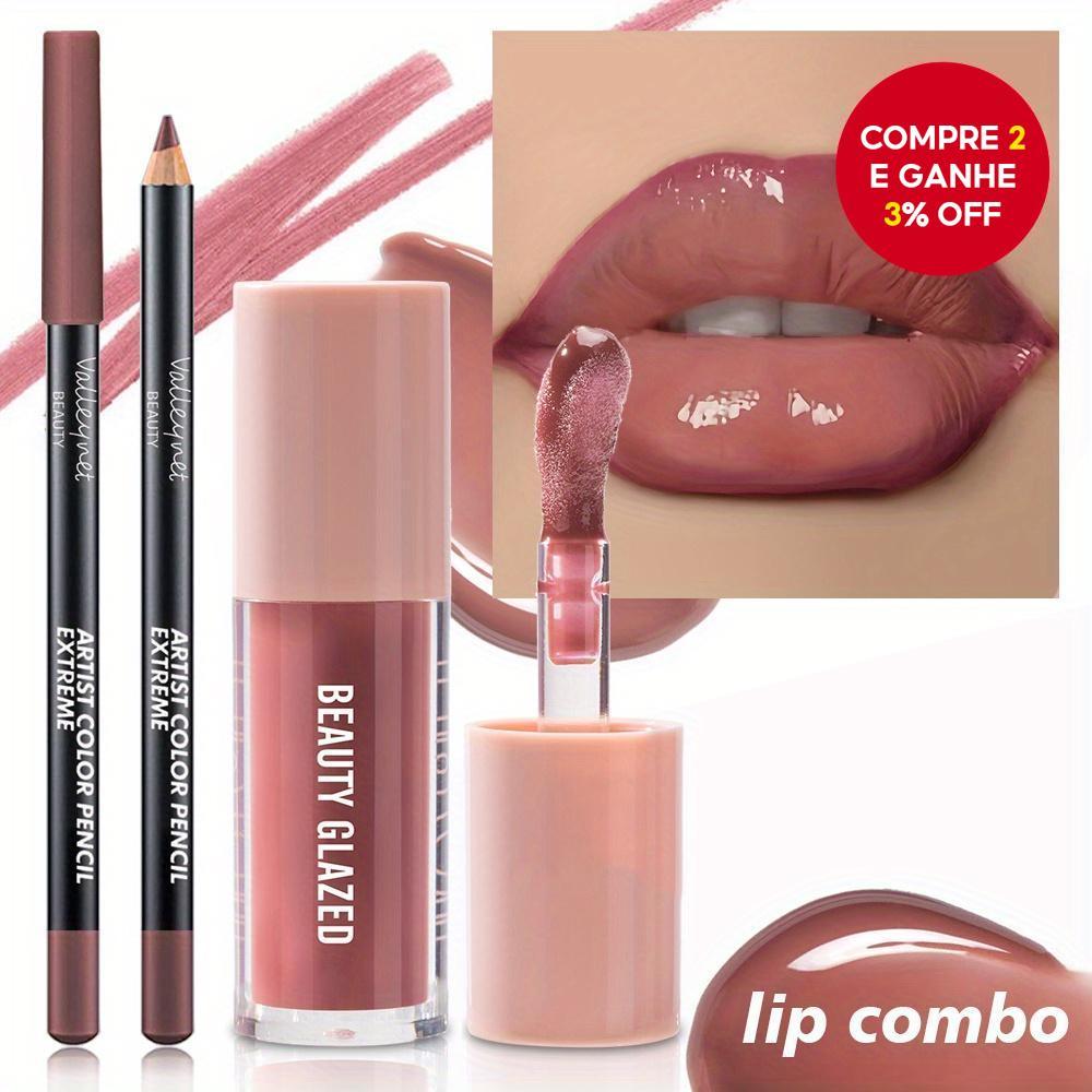 BEAUTY GLAZED 2 Peças De Conjunto De Lábios Foscos De Veludo-Delineador Labial À Prova D'água E Escolha De Esmalte Ofici