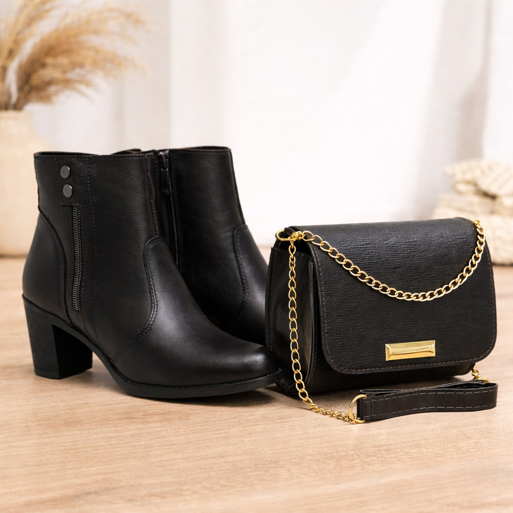 Bota Botinha Feminina Inverno Cano Curto Com Zipper + Bolsa Baladinha