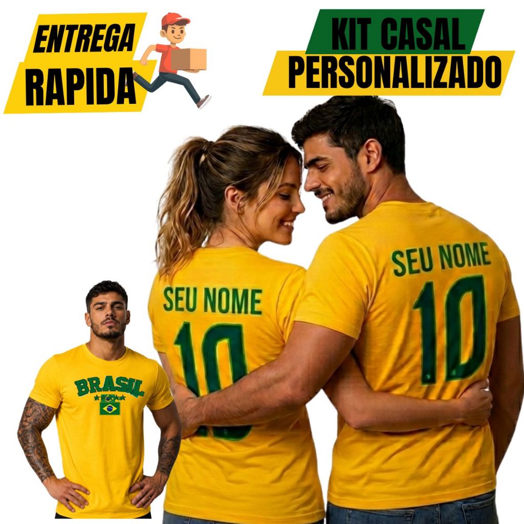 Kit C/2 Camisa Personalizada Casal Brasil 100% Algodão Copa Torcedor Camisa Masculina Feminina