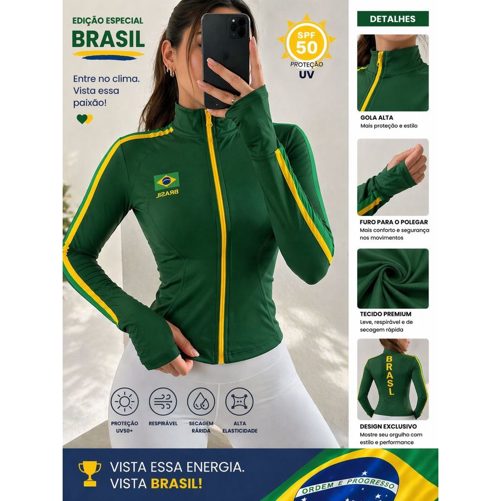 blusa feminina manga longa estampa brasil moda fit com gola alta estampa nas costas copa 2026