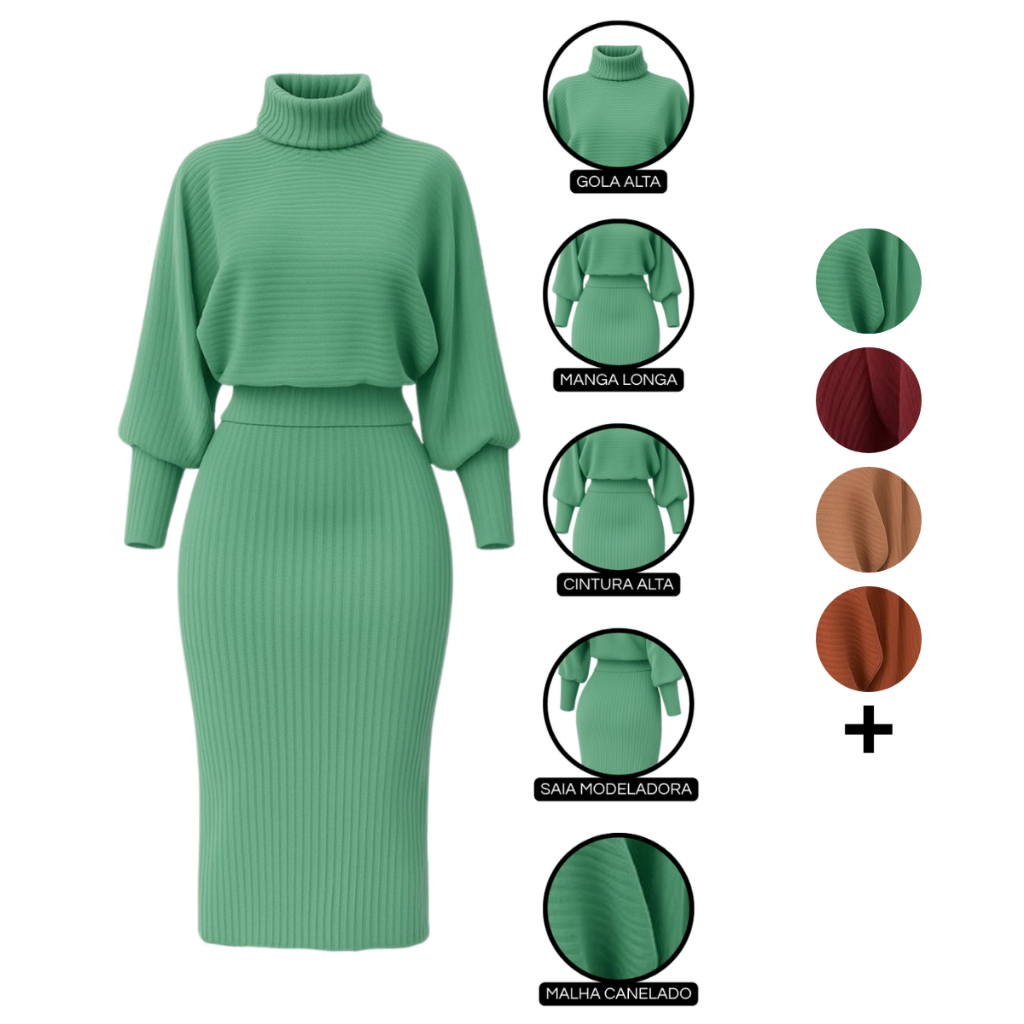 Conjunto Feminino Casual Blusa e Saia Inverno Modelador Canelado Gola Alta Elegante Aconchegante