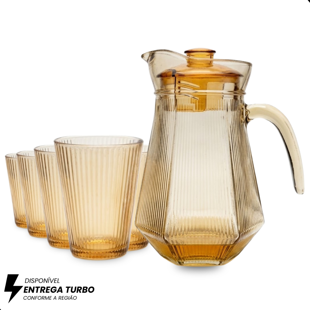 Conjunto de 1 Jarra de Vidro Âmbar com Tampa e 6 Copos – 7 Peças – Design Sofisticado e Resistente