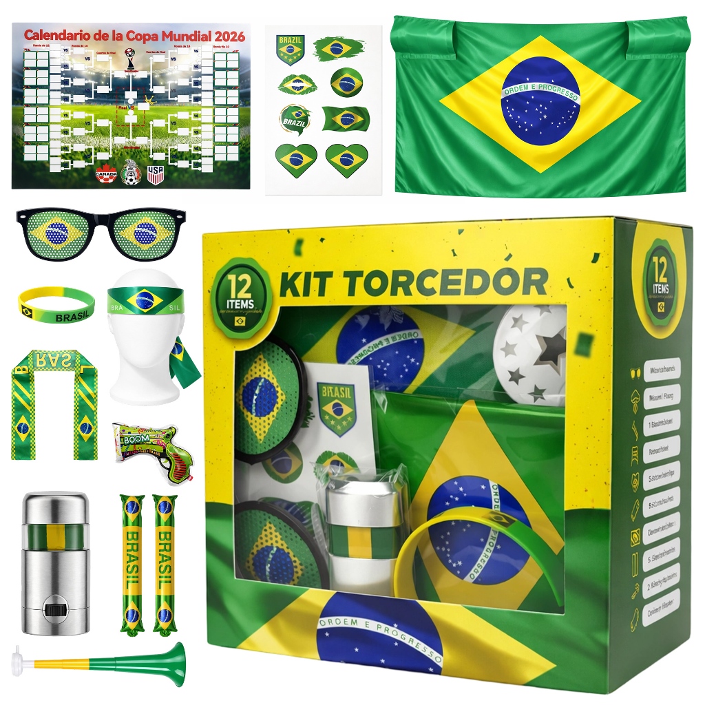 Copa Do Mundo Combo Kit Torcedor Brasil Kit 12 peças  Bandeira  Para Copa 2026  Adesivo Trompete Pintura Facial