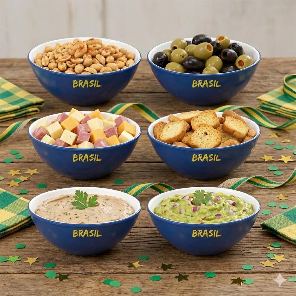 Kit Copa do Mundo 6 Bowls Tigela Aperitivos Entradas Petiscos Azul Brasil Festa Temática Futebol Time Plástico Plasútil