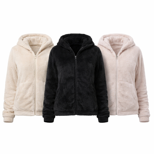 Jaqueta Feminina Fleece com Capuz e Zíper Manga Longa Quentinha Confortável