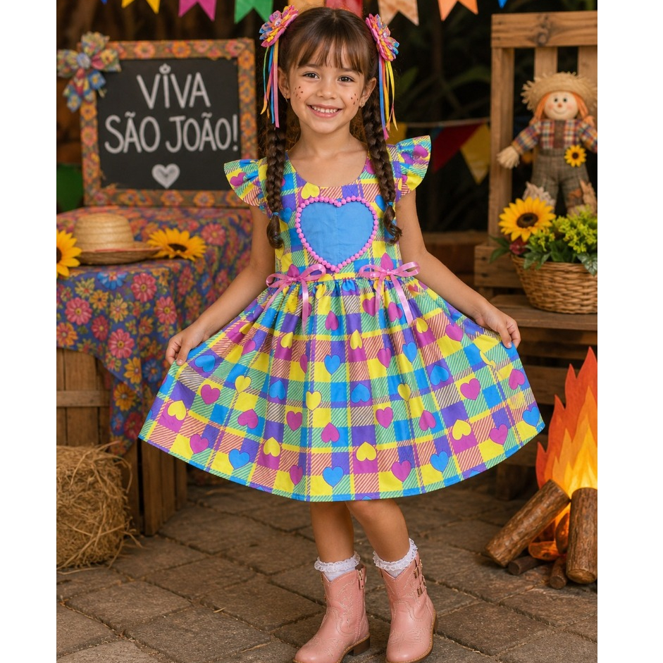 São João Vestido Infantil feminino para festa junina e quadrilha Menina estampado (1 a 8 anos)