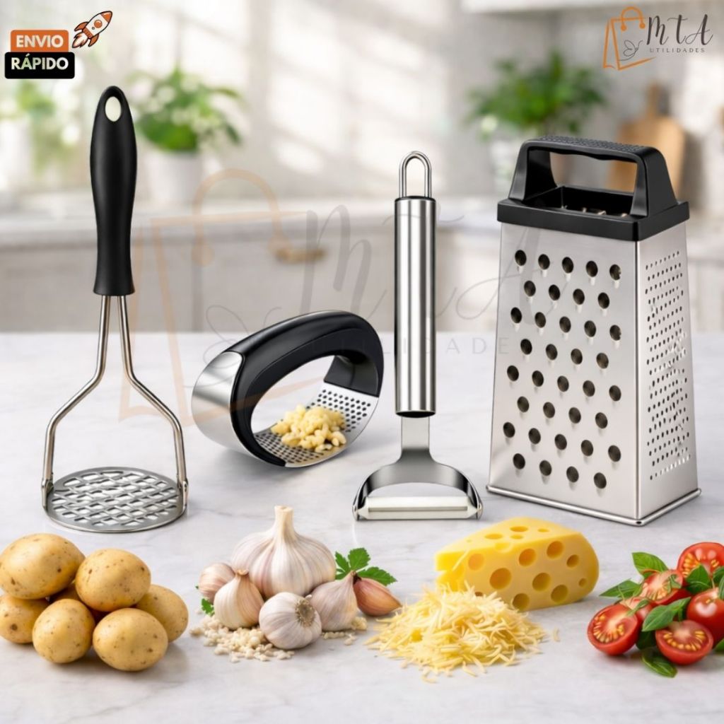 Kit Utensílios Ralador 4 Faces Amassador Batata Amassador Alho Descascador de Legumes em Aço Inox