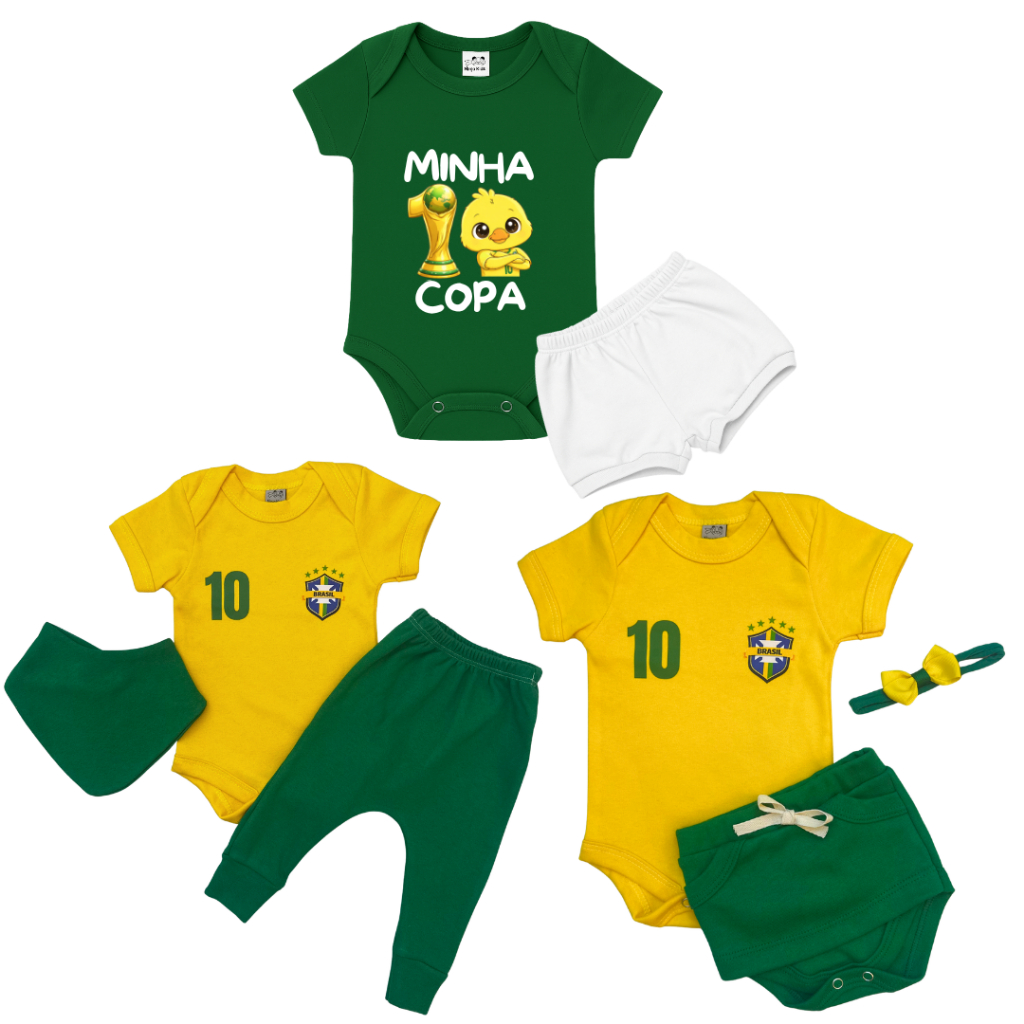 Conjunto Body Bebe Time Futebol Brasil Menino e Menina 100% Algodão
