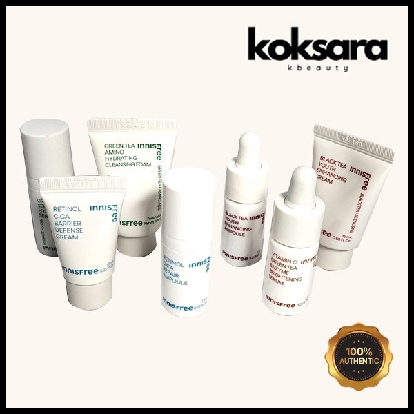 innisfree best mini size black tea, retinol, vita c cream, serum, form cleanser, green tea cream