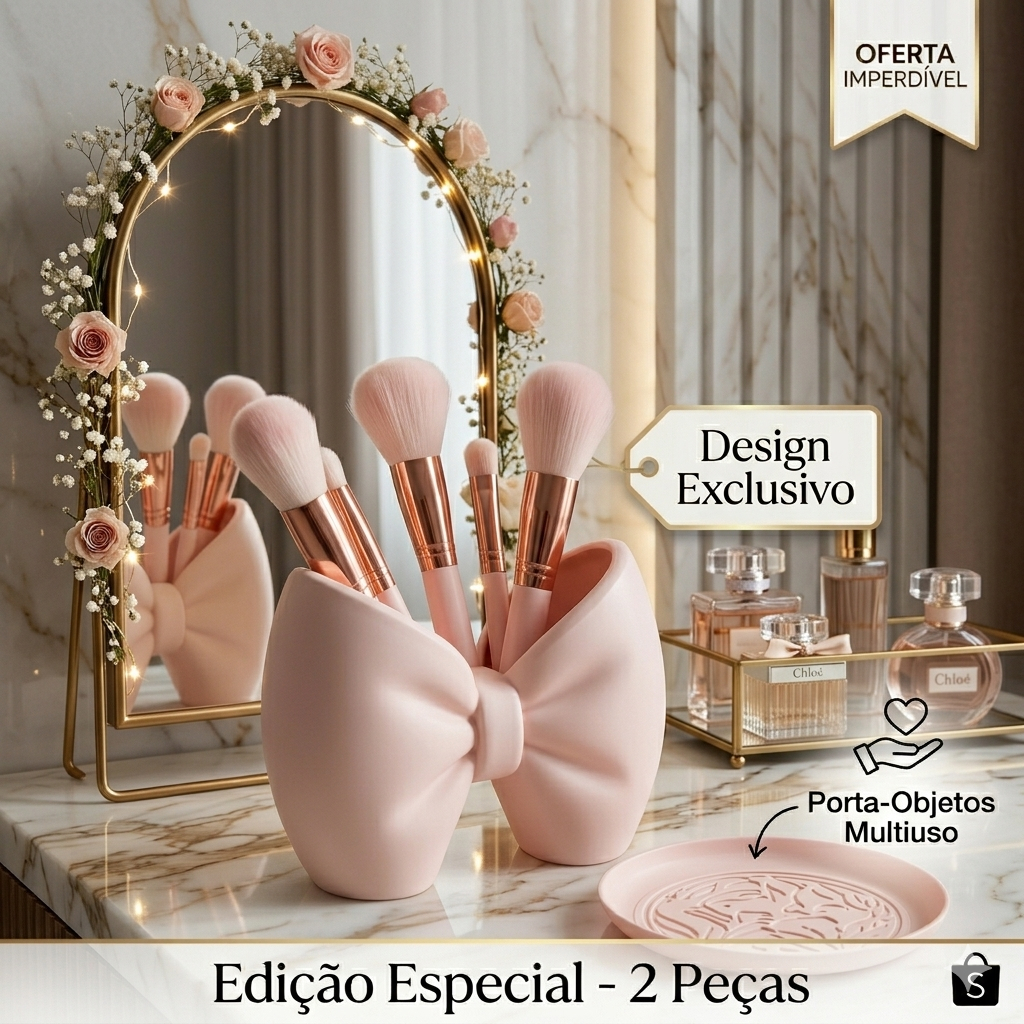 Laço porta pinceis de maquiagem + Bandeja rosa limpa pinceis - porta joias - Kit Premium Laço Grande
