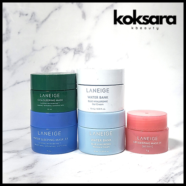 laneige sleeping mask water 15ml, cica 10ml, barry 3ml, gel cream 10ml, moisture cream 10ml, bouncy&firm 10ml, intensive