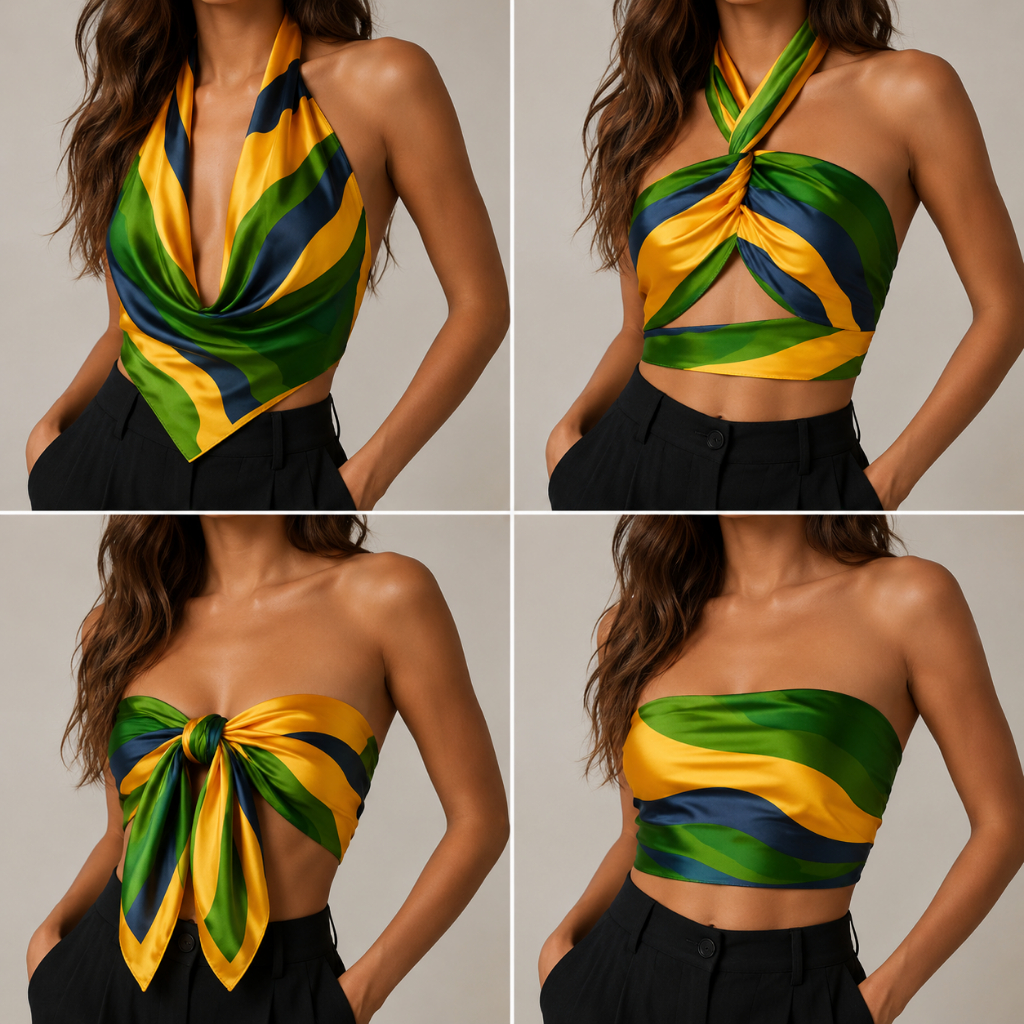 Lenço De Cetim 90x90 Verde Amarelo Estampa Sortida Bandeira Do Brasil Look Copa Feminino Multiuso Oferta Atacado