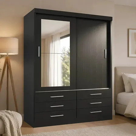 Guarda Roupa Solteiro Capri 2 Portas 6 Gav C/ Espelho Cor Onix