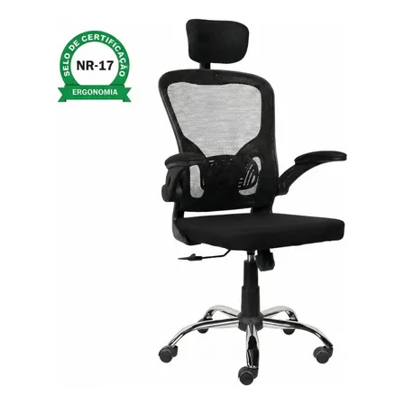Cadeira Escritório Ergonômica Ajuste Lombar Laudo Nr-17 Giratória Office Estofado Tecido/mesh Marca Brin7 Modelo B7-001-pt Preto Malha